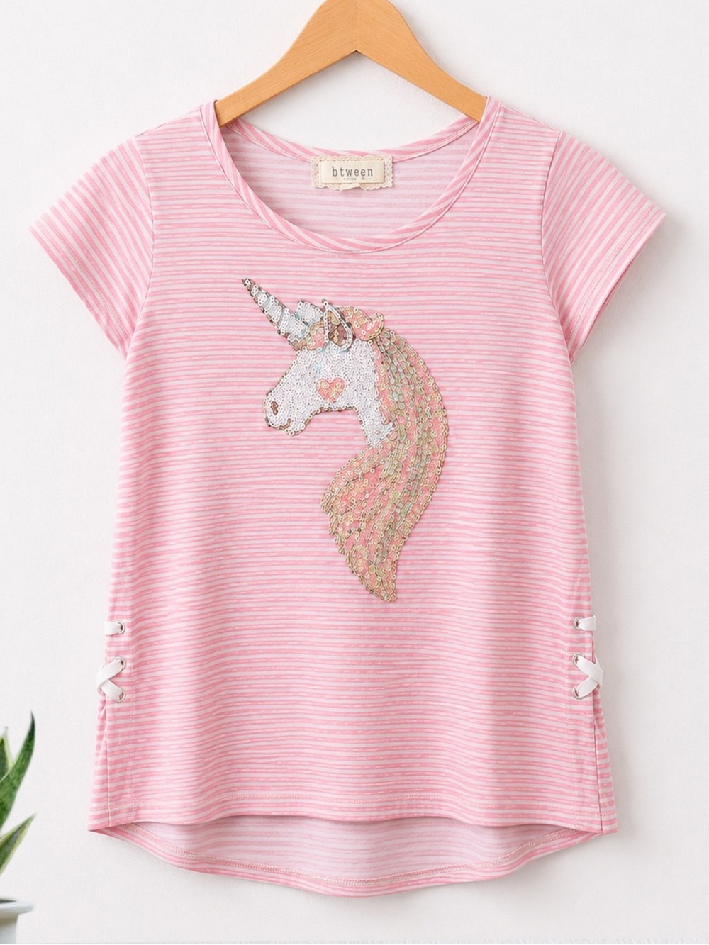 BTween Girls Pink Striped Unicorn Sequin Top Size 10